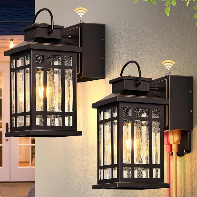 Dusk to Dawn Porch Lights with GFCI Outlet, Outside Lighting Fixtures for House, Oil Rubbed Bronze Exterior Garage Light Fixtures with Gold Trim, Anti-Rust Outdoor Sconce Light for Patio, Coach