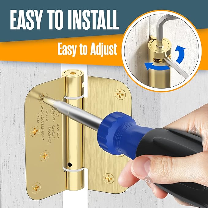 Self Closing Door Hinges, Spring Hinge Door Closer, Spring Loaded, Auto Close, 4 Inch, Automatic Closer, Auto Shut For Interior, Garage, Exterior, Adjustable Tension, 5/8” Radius Corner, Brass, 2 Pack