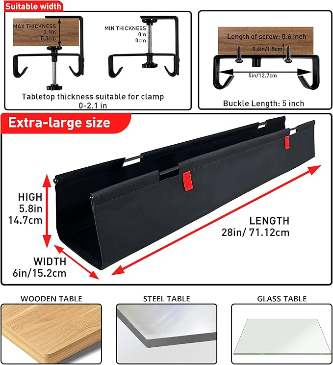 [Upgraded] Under Desk Cable Management, 28" Cord Organizer,with Silicone Pads (No Scratch!),16 Cable Ties, Washable PE Honeycomb Base,Fits Any Desk 0-2.1",No Stinky Cardboard! Black 28"L x 6.0"W