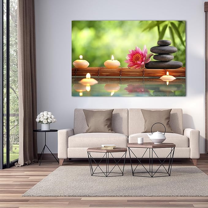 Zen Wall Art Decor, Modern Bathroom Zen Decor Wall Art, Canvas Wall Art for Spa Zen Room Decor, Green Bamboo Forest and Black Pebble Relaxing Art Prints for Office Meditation Decor 32x48 Inches