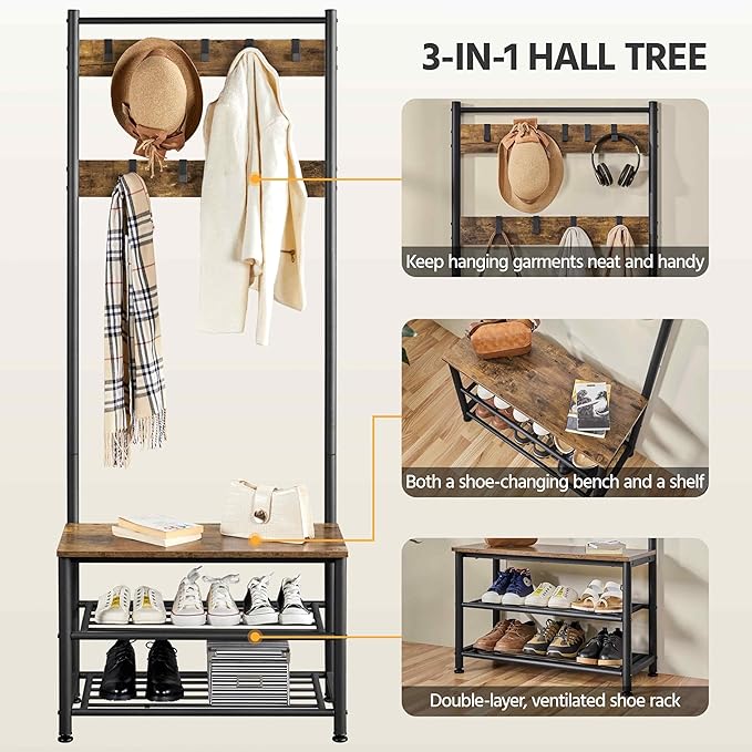 Yaheetech Coat Rack, 3-in-1 Hall Tree with Bench and Shoe Storage, Freestanding Entryway Bench with Coat Rack, Industrial Entryway Shoe Storage with 9 Hooks and 3 Shelves, Easy Assembly, Rustic Brown