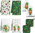 8 PCS St Green Kitchen Decor Sets Irish Leprechaun Shamrock Clover 4 Kitchen Dish Towels 2 Pot Holders 2 Oven Mitt Green Decoration Accessories for Cooking Baking Home Camp Spring