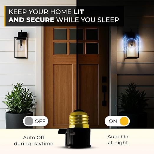 Touch & Glow - Dusk-to-Dawn Photocell Light Control - Automatic Light Sensor Socket - Outdoor Bulb Socket - Energy Efficient - Day Night Light Sensor for Driveway, Patio, Lawn (Black)