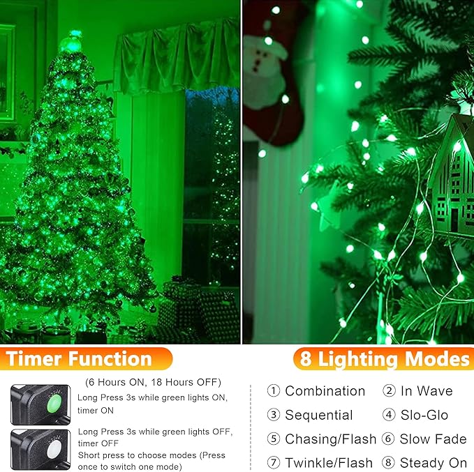 Joomer Green Fairy String Lights 33FT 100 LEDs Plug in Fairy Lights Indoor Silver Wire String Light DIY for Bedroom, Parties, Christmas, Outdoor, Indoor St. Patrick's Day Decoration (Non-Connectable)