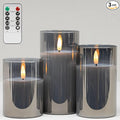 ANGELLOONG Grey Fake Candles Battery Operated, Flickering Flameless Candles with Timer and Remote, Glass LED Electric Pillar Candles Set of 3 for Home Coffee Table Bathroom Decor