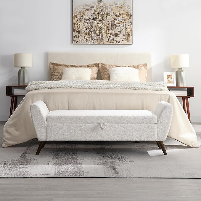 60'' Modern Upholstered Storage Ottoman Bench with Mid-Century Wood Legs, Entryway Bench with Hidden Storage for Living Room, Bedroom, and End of Bed, Comfort Padded Seat (B-White)