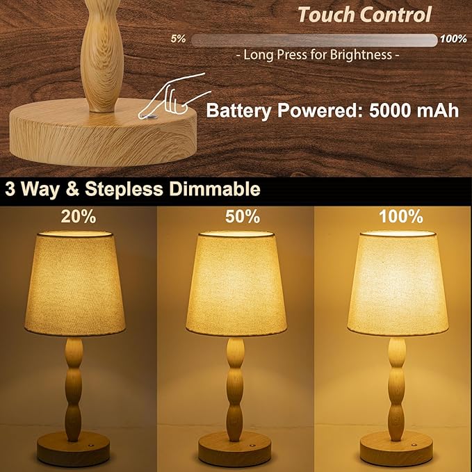 CASTLELIFE Portable Cordless Table Lamp, Touch Desk Lamp Rechargeable Battery Powered, 3-Level Brightness Stepless Dimmable Bedside Night Lamp for Bedroom/Restaurant/Bars, Bulb Included, Wood Grain