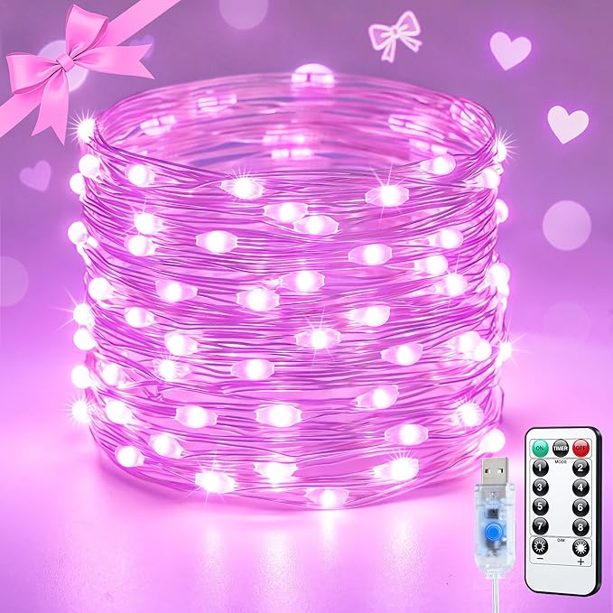 JMEXSUSS Pink USB Fairy Lights, 33ft 100 LED Pink String Lights with Remote, Aesthetic Room Decor for Teen Girls, Kawaii Gaming Girl Setup, Dorm Birthday Party Preppy Decor, Gift for Her