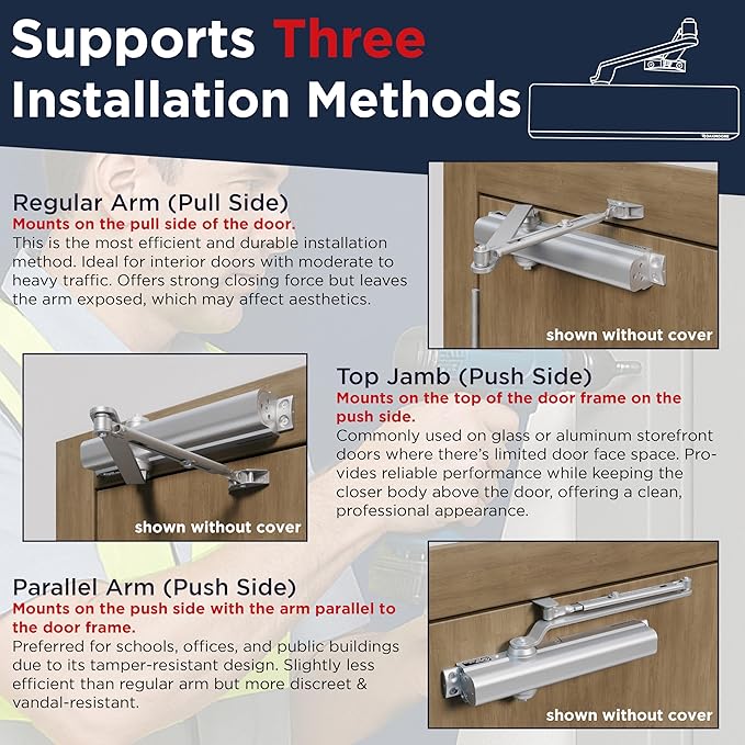 Heavy Duty Commercial Door Closer, ADA UL Grade 1 Listed Automatic Self Closing Door Hinges, Door Closers Commercial High Traffic, Auto Door Closer, Hydraulic Spring Soft Close (Silver)