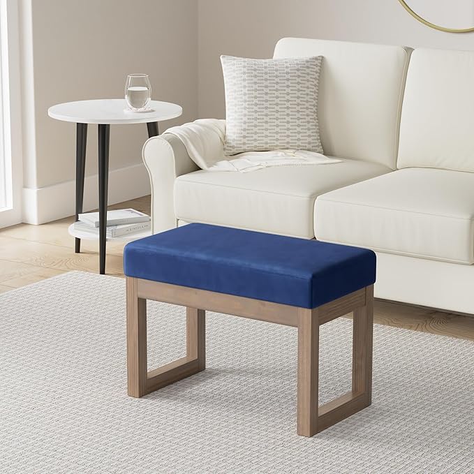 SIMPLIHOME Milltown Small Ottoman Bench - 27 inch Wide Upholstered Velvet Fabric Rectangle Footstool Ottoman in Blue, Contemporary Bench for Bedroom with Cushioned Seat, Assembled