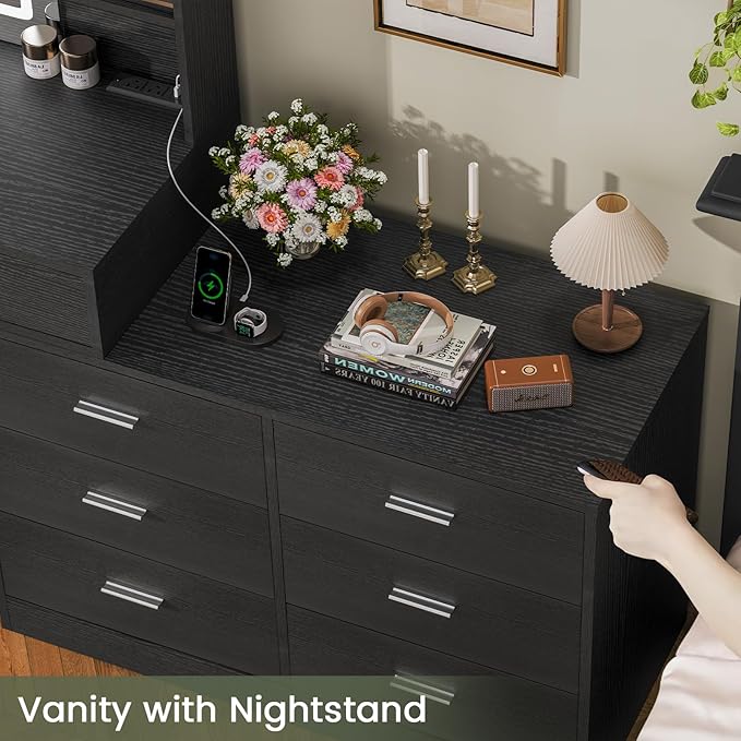 Quimoo Vanity Desk with LED Lighted Mirror & Power Outlet, Modern Corner Makeup Vanity Table with 8 Drawers & Open Shelves, Dressing Table for Bedroom, Makeup Room, Black