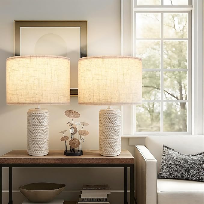 Bedroom Table Lamp Set of 2 for Home and Modern Farmhouse Decor, White Ceramic Bedside Lamps for Living Room and Bedrooms, Nightstand Light for Side Table, Small End Table and Tall Desk