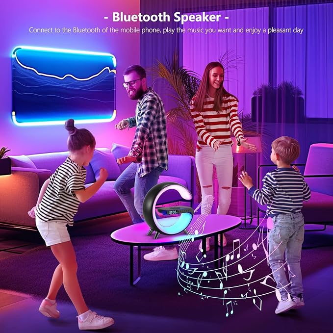 Wireless Charger Atmosphere Lamp, 2026 New Intelligent LED Table Lamp, Bluetooth Speaker, Dimmable Night Light Bedside Lamp Alarm Clock with Music Sync, App Control for Bedroom Home Decor Gift (Black)