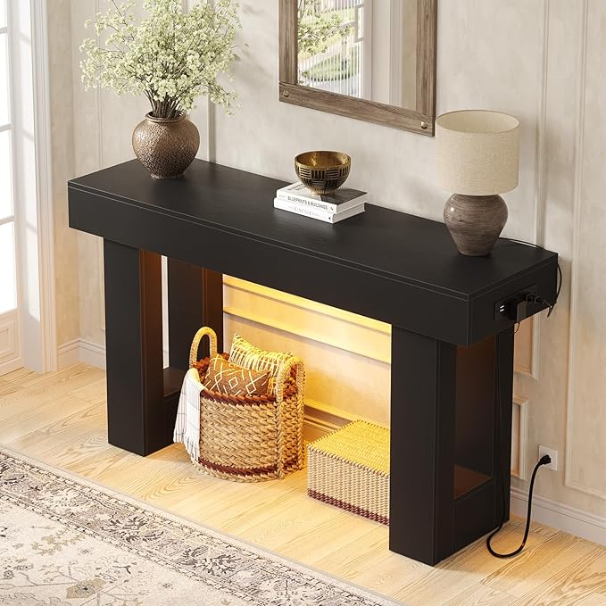 Unikito 47" Entryway Table with Socket and Sensor Light, Narrow Console Table with Storage Behind Couch, Farmhouse Entry Way Tables with Open Storage for Entrance/Hallway/Living Room, Black