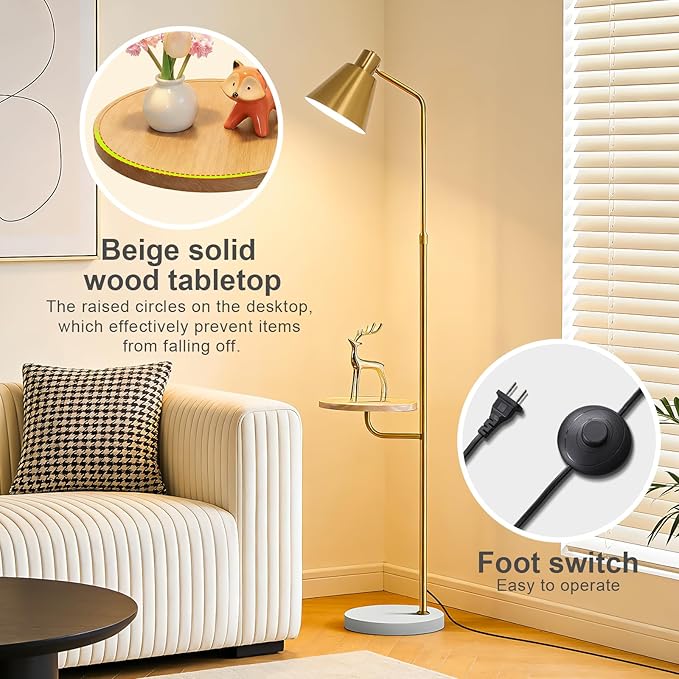 Gold Brushed Floor Lamp with Side Table for Living Room Bedroom, Modern Standing Lamp 12W LED 3-Color Dimmable 3000K/4500K/6500K, Adjustable Gooseneck Reading Light with Wood Shelf for Office Corner