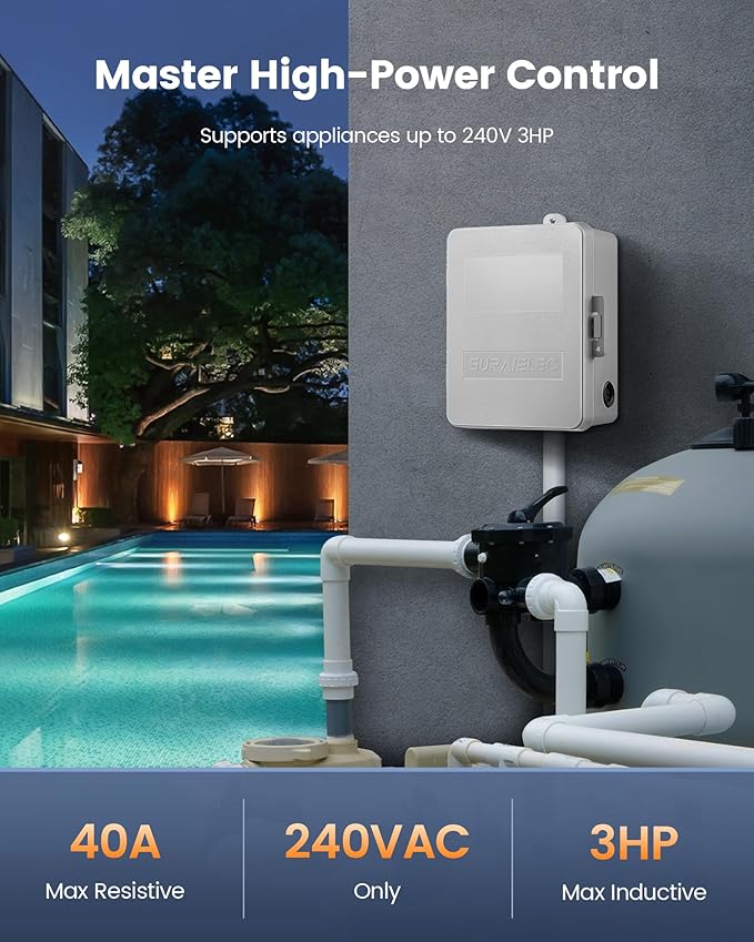 SURAIELEC WiFi Pool Timer, 40 AMP 240V 3HP, Heavy Duty Outdoor Indoor Smart Timer for Pool Pump, Spa, Pool Light, Water Pump, 240 Volt Pool Equipment Controller for Up to 3HP Devices