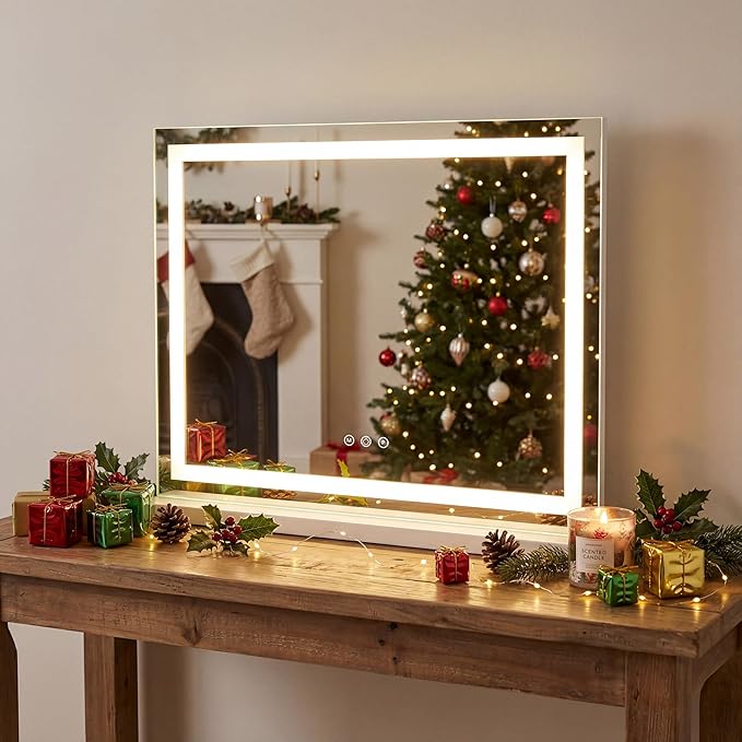 HNV 22.8"x18" Lighted Makeup Mirror with 10X Magnification, LED Vanity Mirror with 3-Color Dimmable Touch Control, Tabletop or Wall-Mounted Makeup Mirror, White