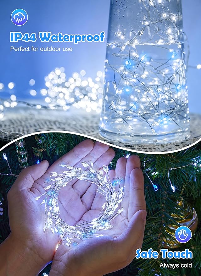 Fairy Lights Plug in, 10ft 200LED Cluster String Lights - Twinkle Copper Wire Christmas Tree Lights Waterproof for Bedroom Decor, Indoor/Outdoor Party, Patio, Garden，Blue White，2pack