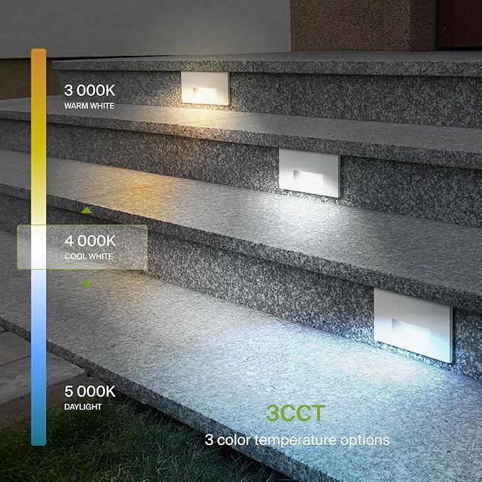 ASD LED Recessed Step Light Fixture, Dusk to Dawn Outdoor Stair Tread Lighting | 3CCT, Photocell, Waterproof, ETL Listed | 3W 120LM 3000K-5000K 120V | Staircase Hardwired Illumination | White
