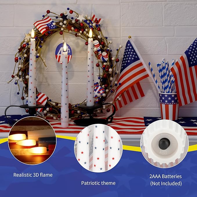 4th of July Candles, Flameless Taper Candles with Remote, 9.6" Red White and Blue Star Candles, Real Wax Flickering Independence Flameless Candles, Patriotic Candles, Battery Candles, Set of 3
