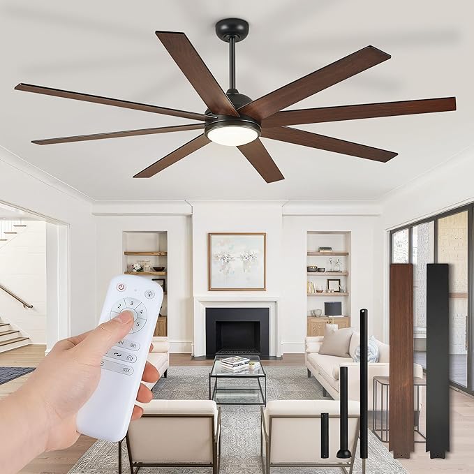 Fanbulous 65 Inch Ceiling Fans with Lights and Remote, Black and Wood Grain Indoor/Outdoor Ceiling Fan with Quiet Reversible DC Motor, 3CCT, 6 Speeds, Large Ceiling Fan for Living Room Bedroom