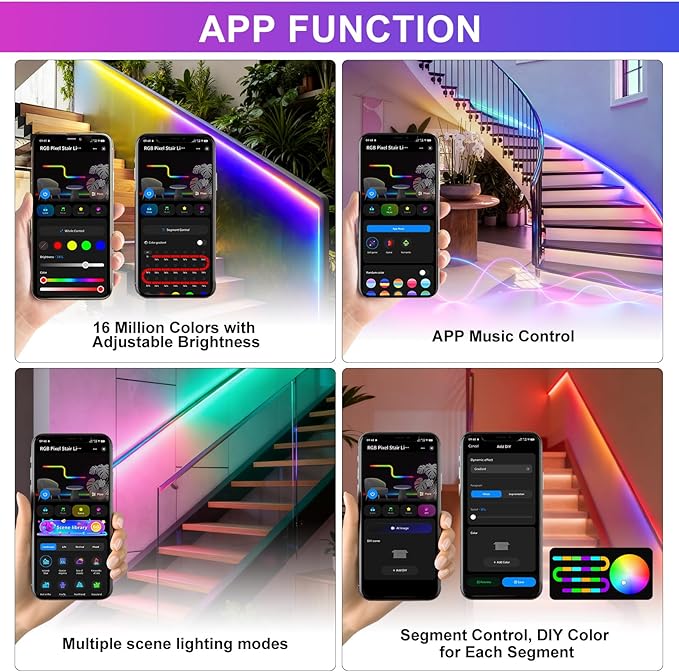 Motion Sensor RGB Stair Light Kit, 5m(16.4ft) Smart WiFi SPI Stair Wall Lighting with PIR & Daylight Sensors, Tuya App Control, Addressable COB LED Strip for Indoor Staircase Handrail Wall Stairway