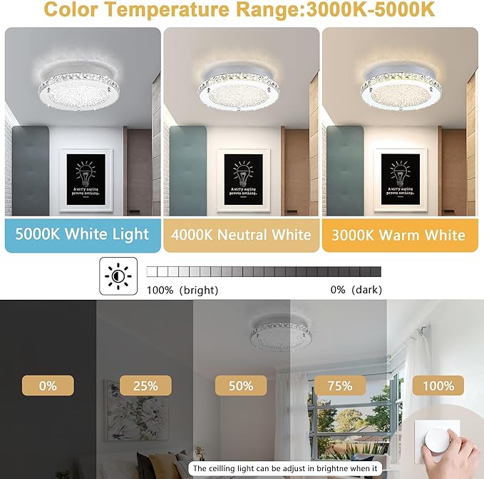 Crystal Flush Mount Ceiling Light 18W LED Dimmable Modern Ceiling Light for Bedroom, Closet, Foyer, Hallway, Dia 11 Inch, 3 Color Change