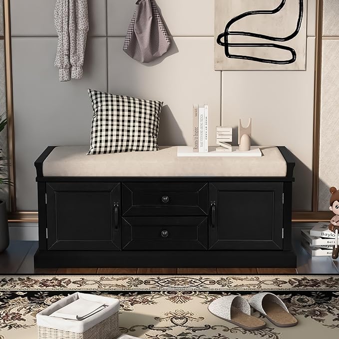 GDFStudio Rustic Storage Bench with 4 Doors 2 Draws Adjustable Shelves Removable Cushion Rectangular Cabinet Foot Rest Stool Solid Wood Shoe Bench Seating for Entryway Living Room, Black