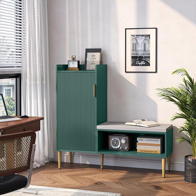 Storage Bench with Fluted Door&Shelf, Modern Entryway Bench with Padded Seat, L-Shaped Shoe Organizer Cabinet for Hallway, Living Room, Office, Green