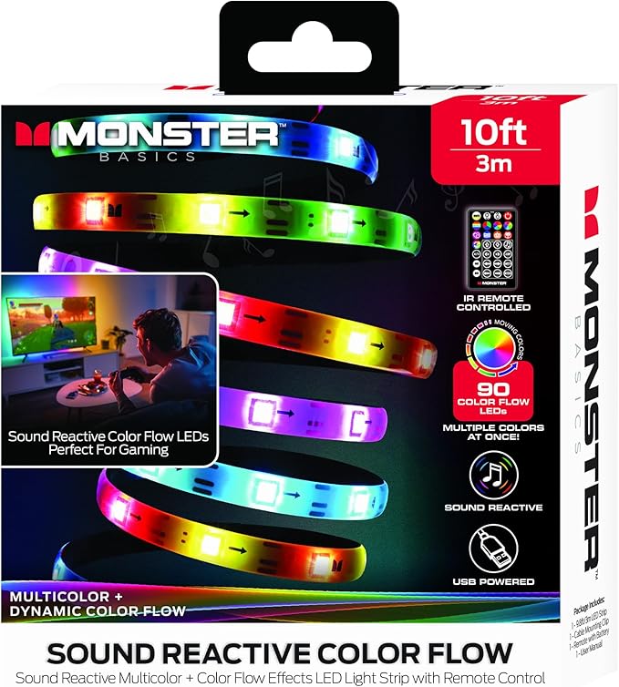 Monster 10ft Sound Reactive LED+IC Strip Lights, RGB Color Changing Music Sync Light Strip with IR Remote Control, Multicolor Ambient Lighting for Bedroom, Gaming Room, TV, Desk & Home Decor