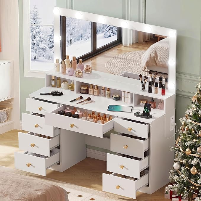 White Vanity Desk with Large Lighted Mirror, Makeup Vanity Desk with Power Outlet, 9 Drawers & Storage Shelf, Women Girls Vanity Dressing Table for Bedroom Bathroom