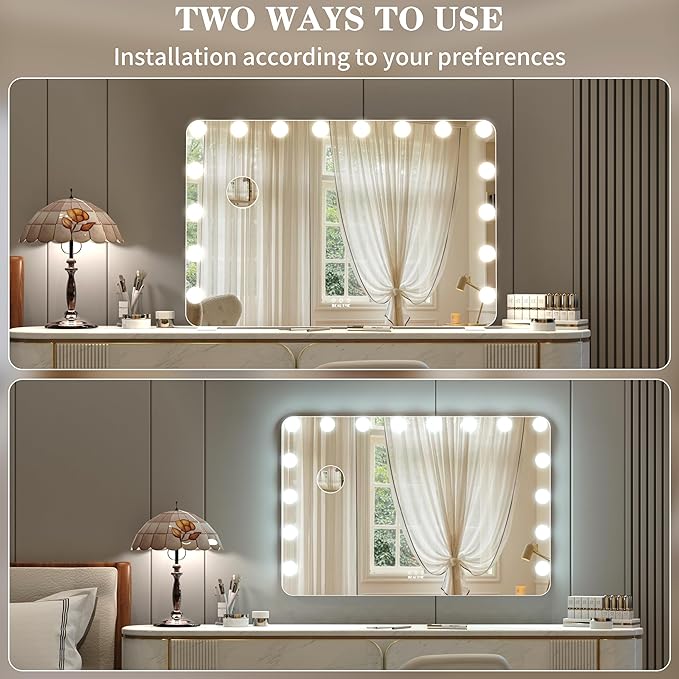 BEAUTME Large Vanity Mirror with Lights, 36''×24'' Makeup Mirror, Light up Mirror with 16 Dimmable LED Lights and 10X Magnification, 3 Lighting Modes, Touch Control