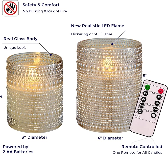 VENTA Beyond The Flame Mesmerizing Dotted Glass Candles | Set of 2 Ivory LED Pillars | Create a Magical, Worry-Free Glow with Remote & Timer | Perfect for Home, Holiday & Wedding Ambiance