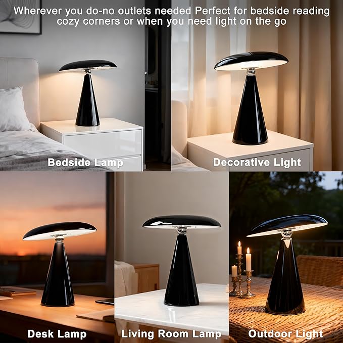 Mushroom Lamp Mid Century Modern Table Lamp, LED Cordless Rechargeable Bedside Light, Dimmable Touch 3-Color Temp, Retro Small Lamp for Bedroom, Living Room，Aesthetic Decor(Black)