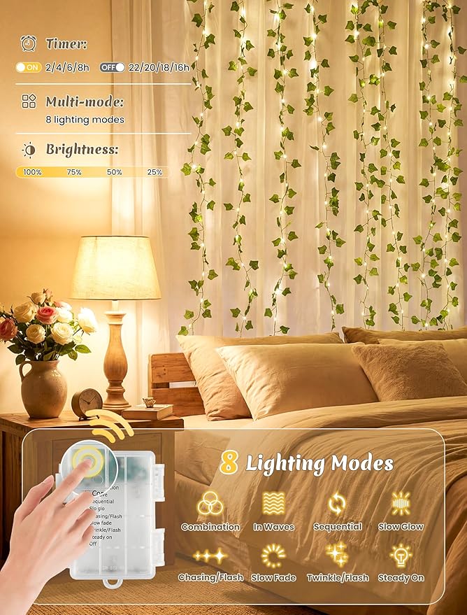 YOUNGAR Ivy Vines with Fairy Lights, Battery/USB Operated Leaf String Warm White Lights, 23FT 73LED Vine Lights with Remote for Bedroom Garland Wedding Birthday Garden Party Wall Room Headboard Decor
