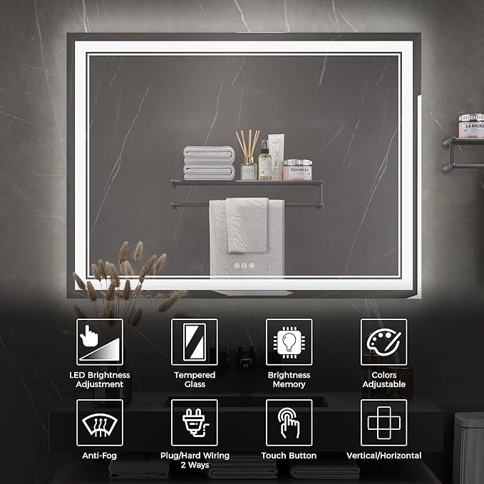 48”x 36” Bathroom Led Vanity Mirror with 3 Colors Light, Dimmable Touch Switch Control, Anti-Fog Wall Mounted Makeup Mirror for Wall (Horizontal)
