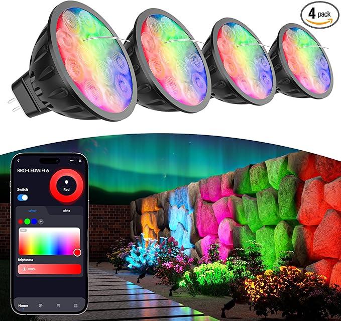 Upgraded Smart WiFi MR16 LED Bulbs Dimmable, RGBW MR16 LED Bulb Color Changing, GU5.3 Bi-pin Base, Multicolor CCT Tunable, Memory Function, Music Sync for 12V Low Voltage Spotlight 4-Pack