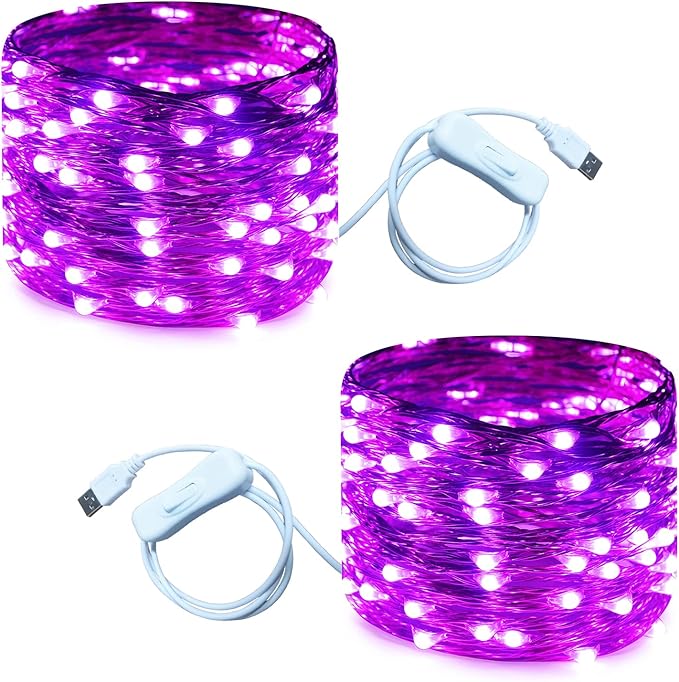RUICHEN 20 Ft 120 LED USB Fairy String Lights with On/Off Switch, Waterproof Copper Wire Lights for Bedroom Wall Ceiling Wreath Crafts Christmas Halloween Party, Purple, 2 Pack
