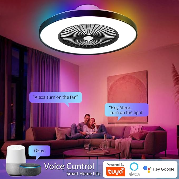 24" Bladeless Ceiling Fan with Light, Low Profile Ceiling Fan with with Alexa, Remote/APP/Voice Control, Modern Flush Mount Ceiling Fans Dimmable Color Chaning LED-RGB Ambient Light Black