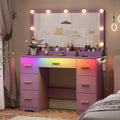 44" Vanity Desk with Mirror and Lights, Glass Top Makeup Vanity with RGB Ambient Lights & 7 Drawers, Large Dressing Table with Power Outlet for Bedroom, Purple