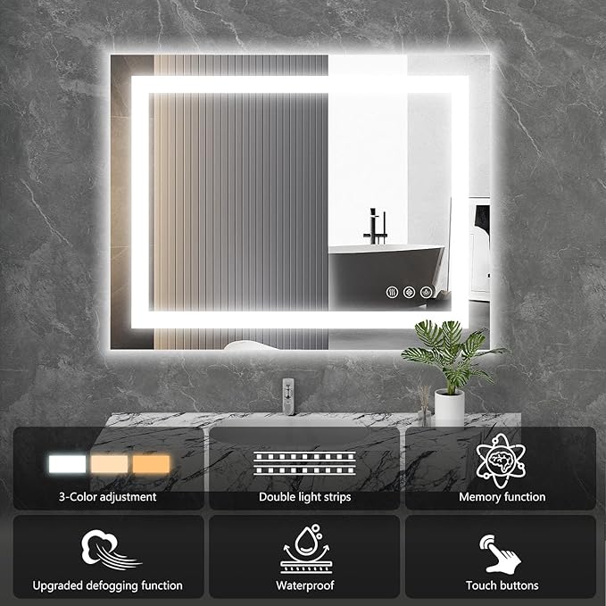 Sweetcrispy 24"x 32" Rectangle LED Bathroom Mirror,Front Light and Backlit, Adjustable Lights and Smart Memory Functionr - Enhanced Anti-Fog Feature, Pure White