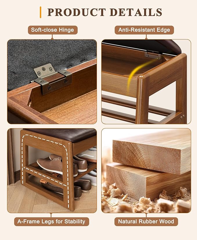 Shoe Rack Bench with Hidden Storage, 2-Tier Solid Rubberwood Entryway Bench with Soft Leather Cushioned Seat & Flip-Top Storage, 330lbs Capacity, Wooden Shoe Organizer for Hallway, Closet, Foyer