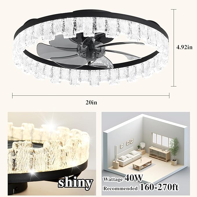 Ceiling Fans with Lights and Remote Fandelier - Black Crystal 20'' Flush Mount Low Profile Modern Ceiling Fans for Bedroom - Stepless Color Temperature and 6 Speeds