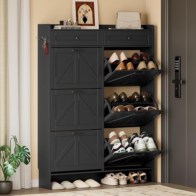 Shoe Cabinet for Entryway, Farmhouse Shoe Storage Cabinet with 6 Flip Drawers and 2 Top Drawers, Tall Narrow Shoe Organizer Cabinet with Adjustable Shelves, Side Hooks and Anti-Tip Kit