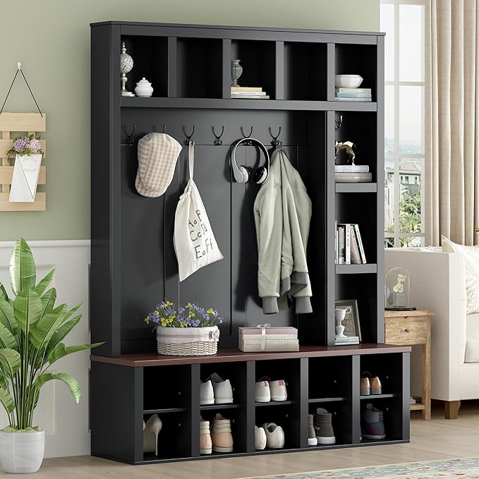 Farmhouse Style Hall Tree with 6 Hooks, Practical Walnut Storage Bench with Adjustable Shelves, Wooden 4-in-1 Entryway Shoe Cabinet with 13 Cubbies for Mudroom, Living Room (Black + Dark Walnut-8)