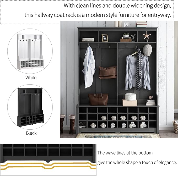 RUNNA Stylish Versatile 60" Wide Coat Rack with Metal Black Hooks and 24 Shoe Cubbies,Hall Tree with 3 Top Shelves and Bench,for Hallway Entryway Mudroom Use (Black@e)