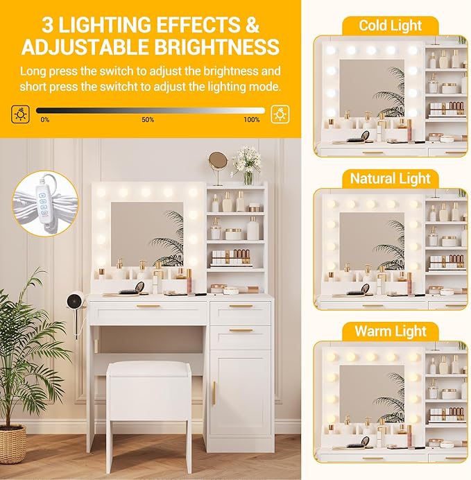 Makeup Vanity with Mirror and Lights, 37" Small Vanity Desk with Power Outlet, 3 Colors & Adjustable Brightness, White Vanity Set with 3 Drawers, Cabinet & Cushioned Chair