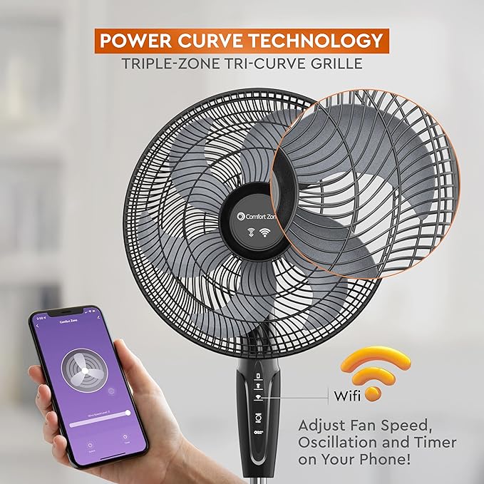 Comfort Zone Smart WiFi Oscillating Stand Fan, 18 inch, 3 Speed, Wall-Mountable, Voice Control, Full-Function Timer, Adjustable Stand up to 53 inches, Tri-Curve Technology to Reduce Noise, CZST180SBK