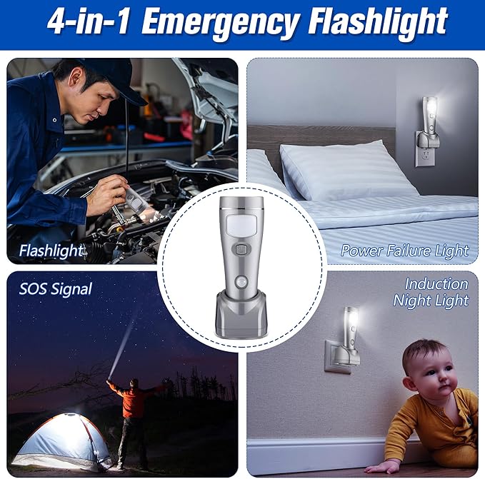 Enhon 3 Pack 4 in 1 LED Emergency Lights for Home Power Failure, Rechargeable Plug in Flashlight Motion Sensor Night Light, Automatic Turn On Power Outage Light for Home Hurricane Supplies (Silver)