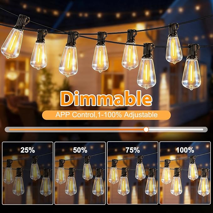 Smart Outdoor String Lights, 200FT ST38 LED Patio Lights with Timer Remote APP Control, 84 Shatterproof LED Bulbs (4 Spare), Dimmable Waterproof Hanging Light for Backyard Porch Party Decor